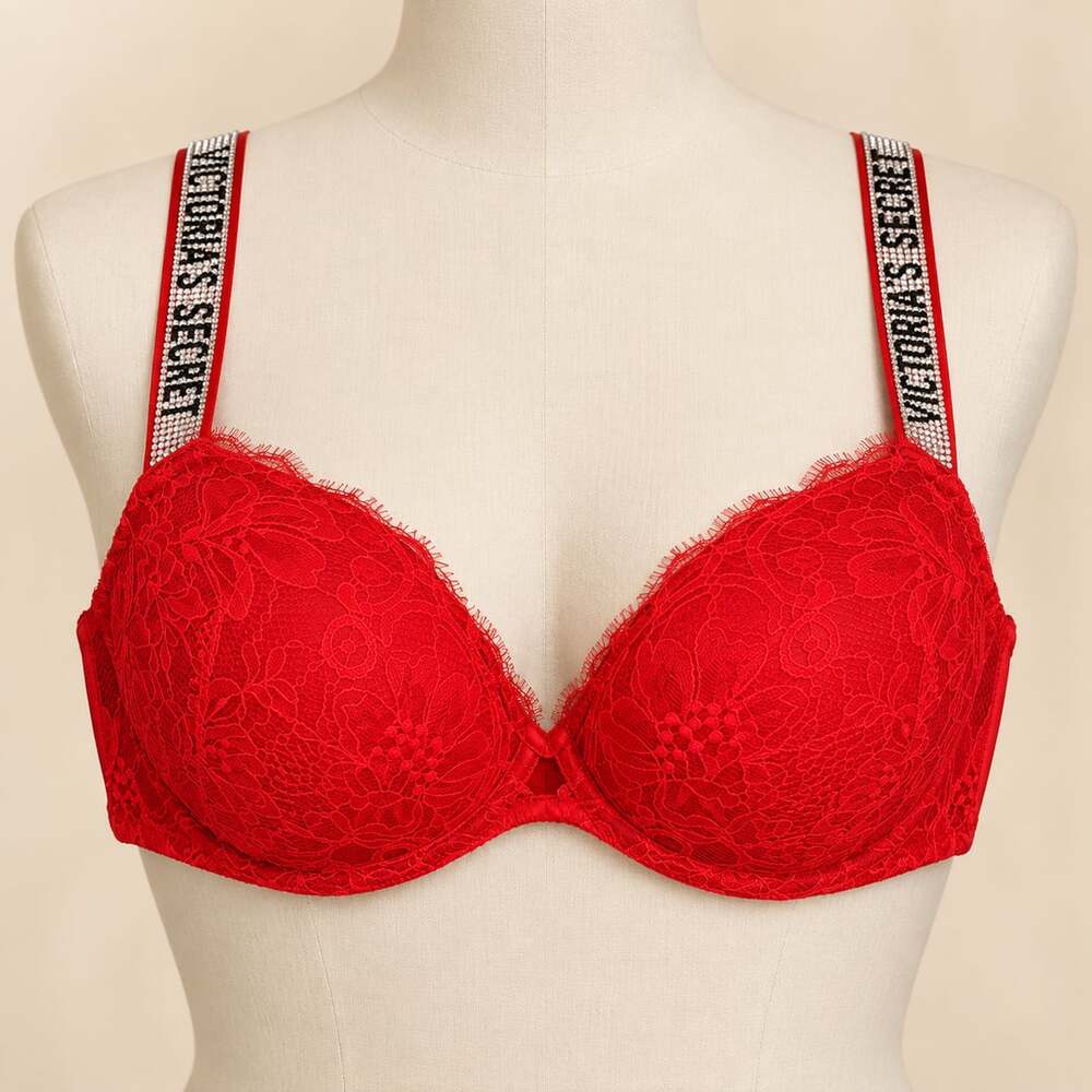 Victoria's Secret Very Sexy Push-Up Bra Size 32B Red Rhinestone Strap